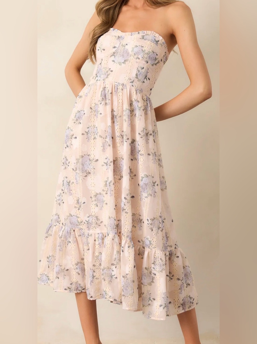 Storia Strapless Pink Floral Eyelet Midi Dress Size Large